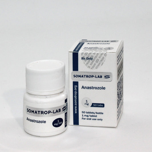 Somatrop-Lab Anastrozole 50 tablets, 1mg each, front packaging.