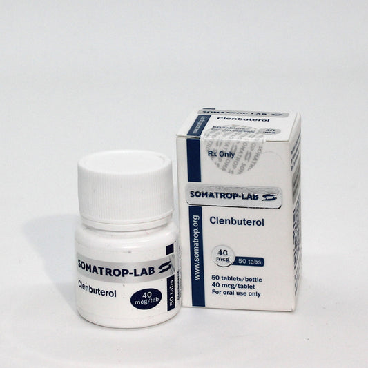 Somatrop-Lab Clenbuterol 50 tablets, 40mcg each, front packaging.