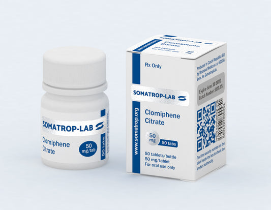 Somatrop-Lab Clomiphene Citrate 50 tablets, 50mg each, front packaging.