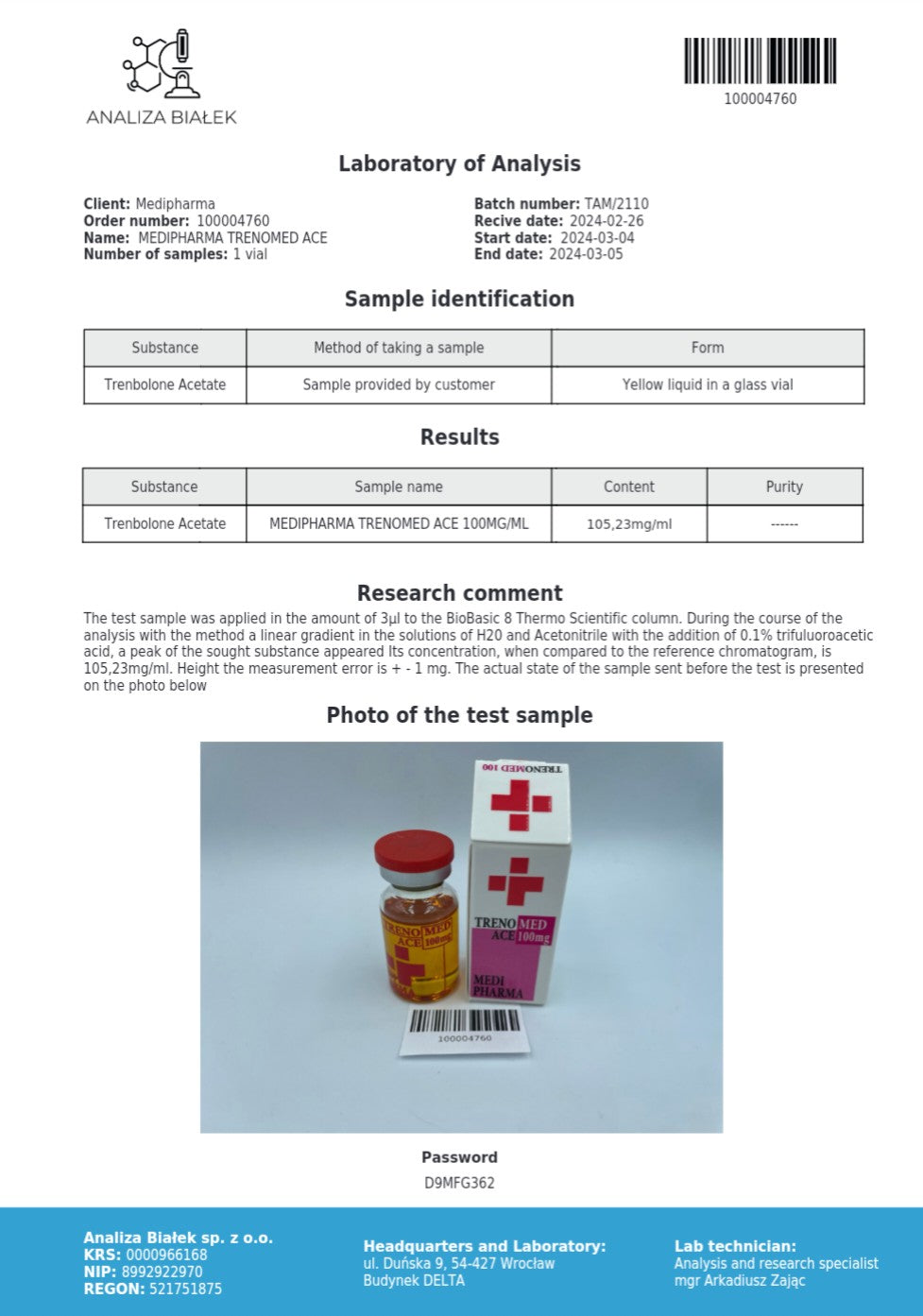 Medi Pharma Trenbolone Acetate (Trenomed Ace 100) 10ml/100mg/ml