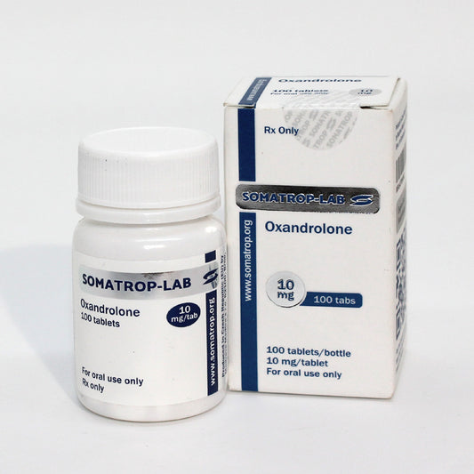 Somatrop-Lab Oxandrolone 100 tablets, 10mg each, front packaging.