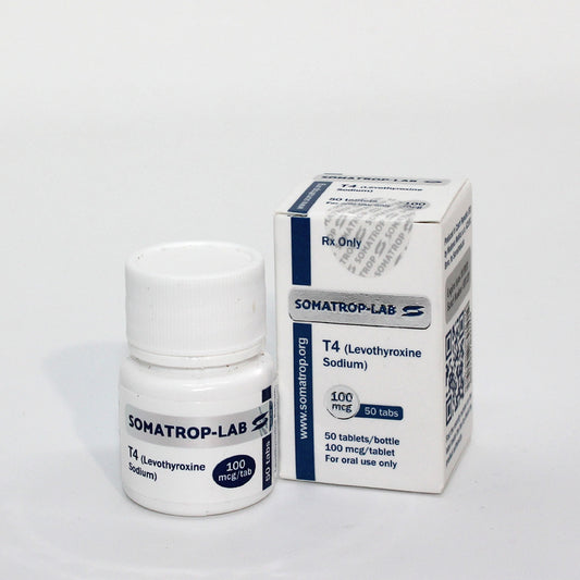 Somatrop-Lab T4: 50 tablets, 100mcg each, front view.