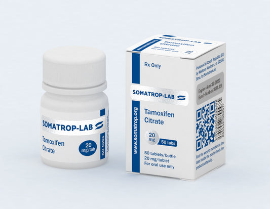 Somatrop-Lab Tamoxifen Citrate: 50 tablets, 20mg each. Front of the packaging.