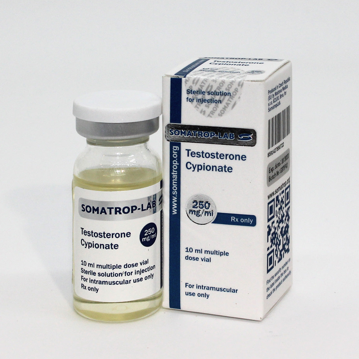 Somatrop-Lab Testosterone Cypionate: 10ml vial, 250mg/ml. Front view of the packaging.