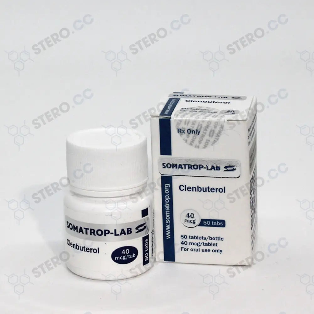 Somatrop-Lab Clenbuterol 50 tablets, 40mcg each, front packaging.