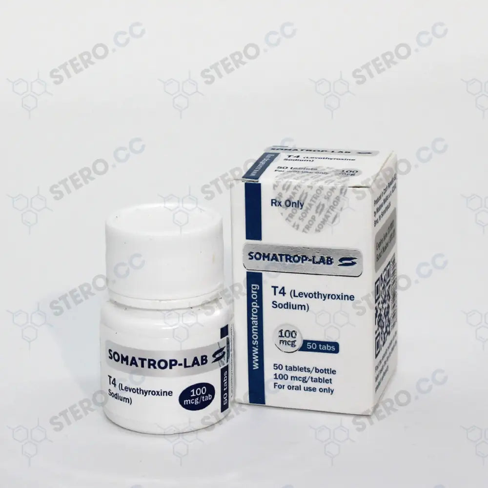 Somatrop-Lab T4: 50 tablets, 100mcg each, front view.