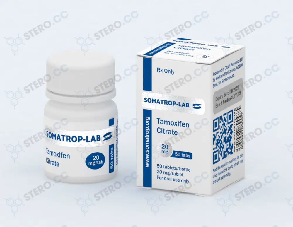 Somatrop-Lab Tamoxifen Citrate: 50 tablets, 20mg each. Front of the packaging.