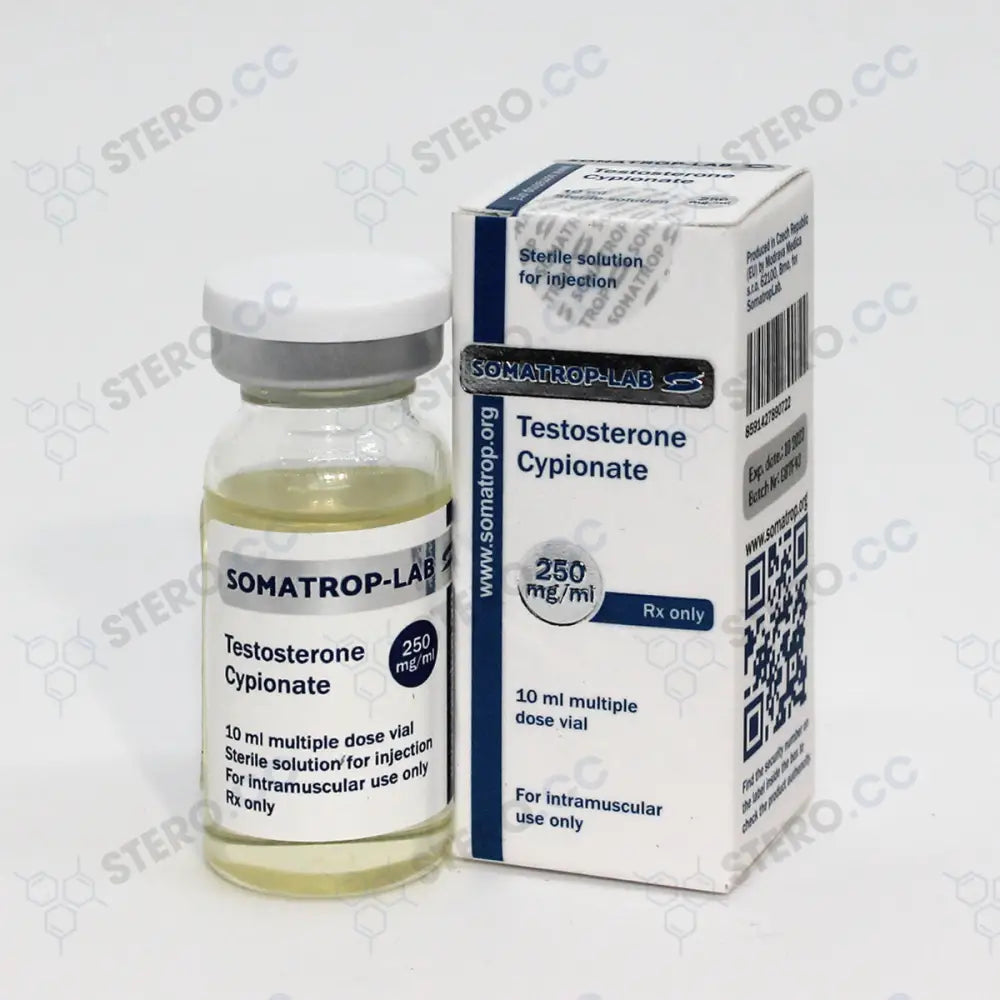 Somatrop-Lab Testosterone Cypionate: 10ml vial, 250mg/ml. Front view of the packaging.